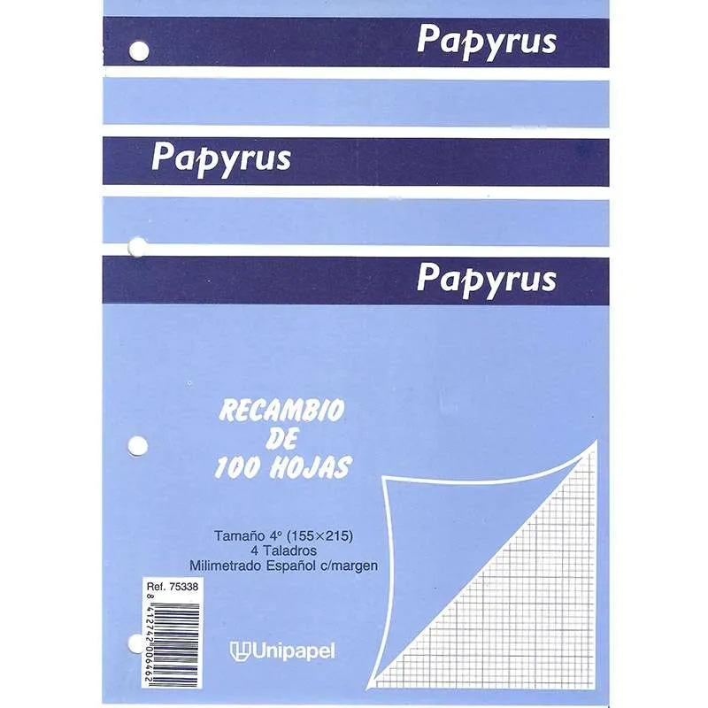 Recambio de 100 Hojas cuartilla milimetrado 4 anillas Papyrus Unipapel